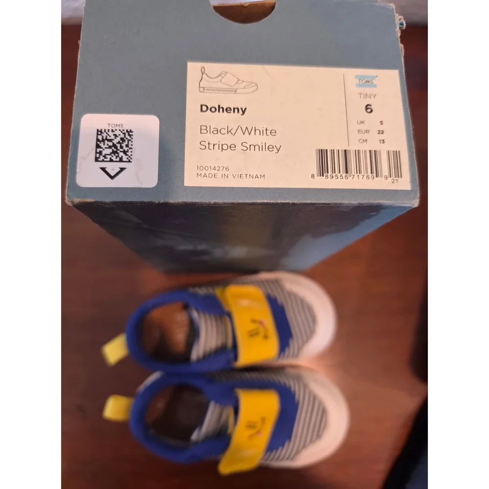 Toms Doheny Tiny 6 Kids Shoes Black White Stripe Smiley Blue Yellow 10014276